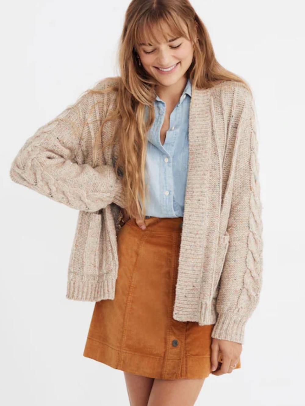 Madewell Bubble Sleeve Cable Knit Cardigan Sweater